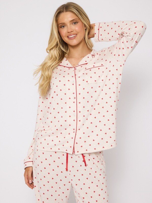 Seraphine Loungeable Red Brushed Knit Valentines Heart Printed Traditional Long Sleeve Pyjamas