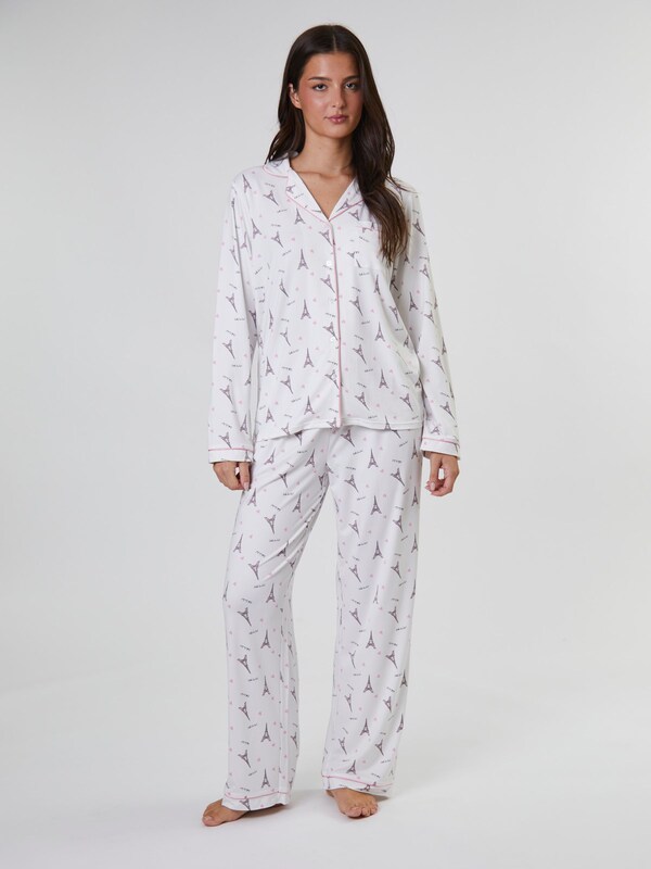 Seraphine Loungeable White/Pink Paris Ooh Lala Long Sleeve Button Through Pyjamas
