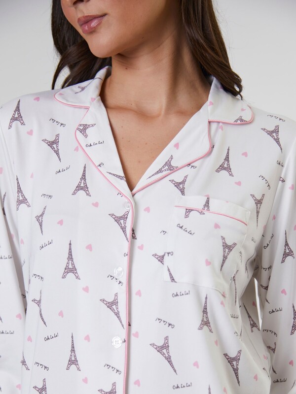 Seraphine Loungeable White/Pink Paris Ooh Lala Long Sleeve Button Through Pyjamas
