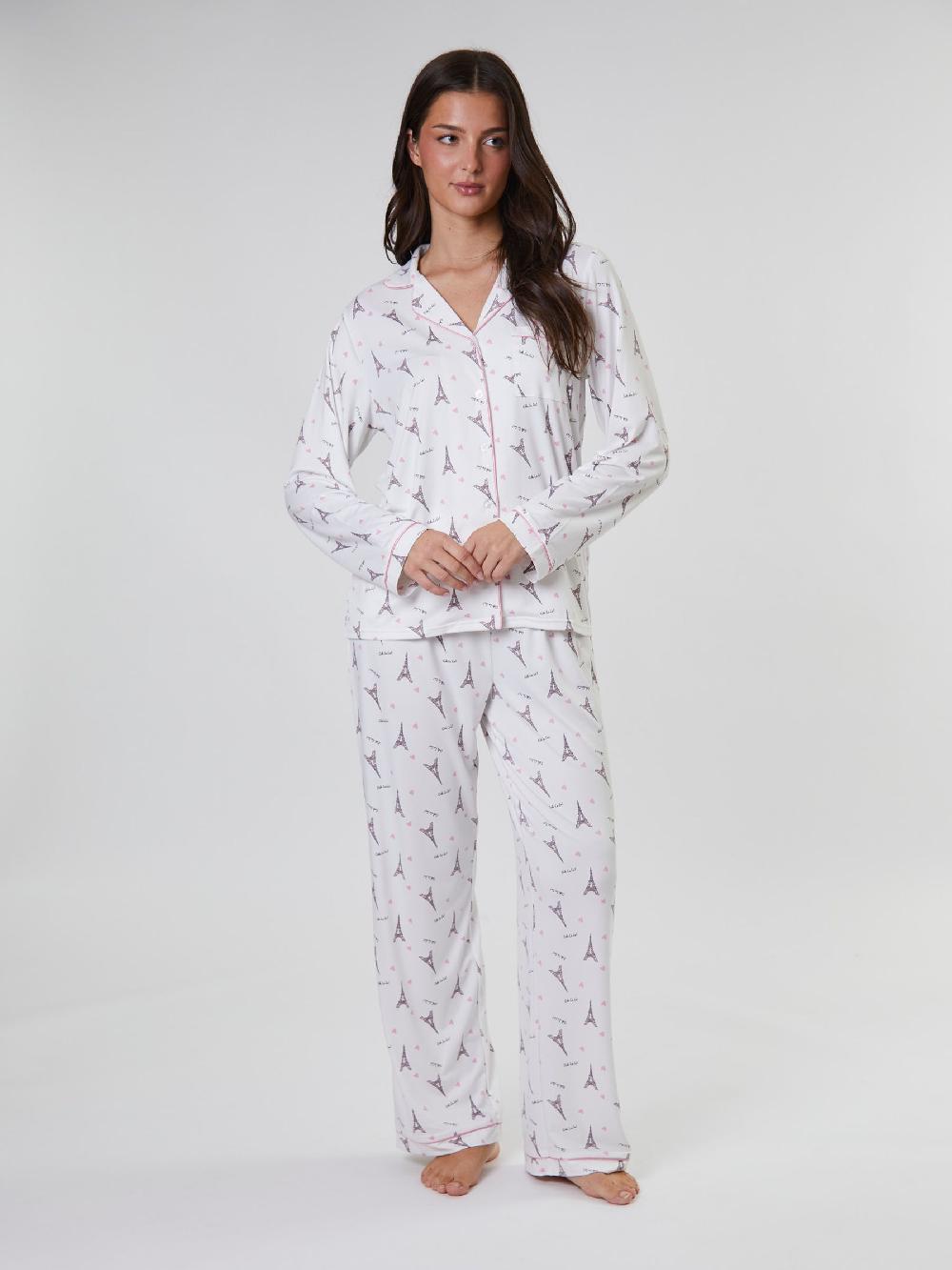 seraphine Loungeable White/Pink Paris Ooh Lala Long Sleeve Button Through Pyjamas
