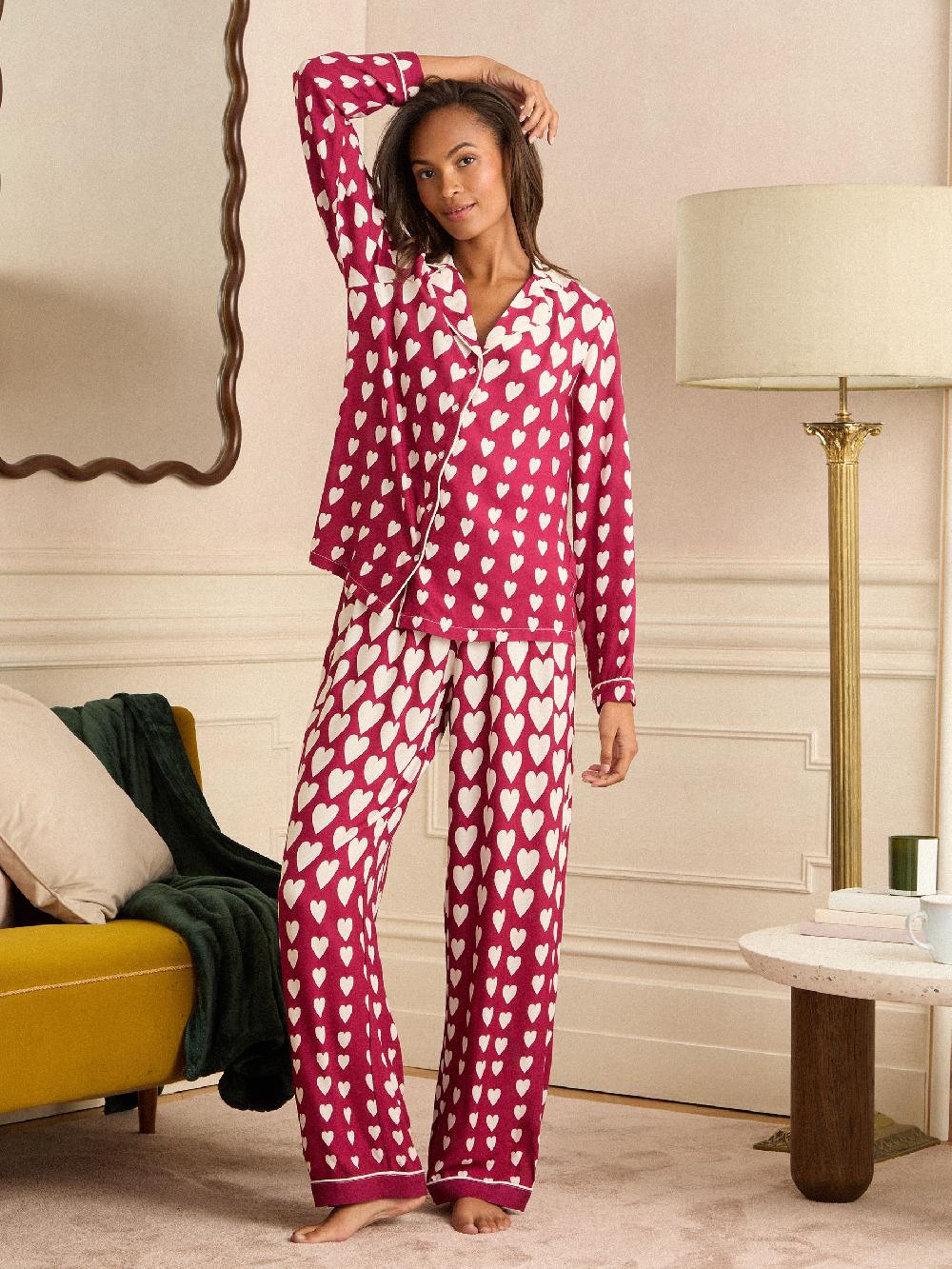 seraphine Love & Roses Berry Red and Ivory Heart Print Button Down Pyjamas Set