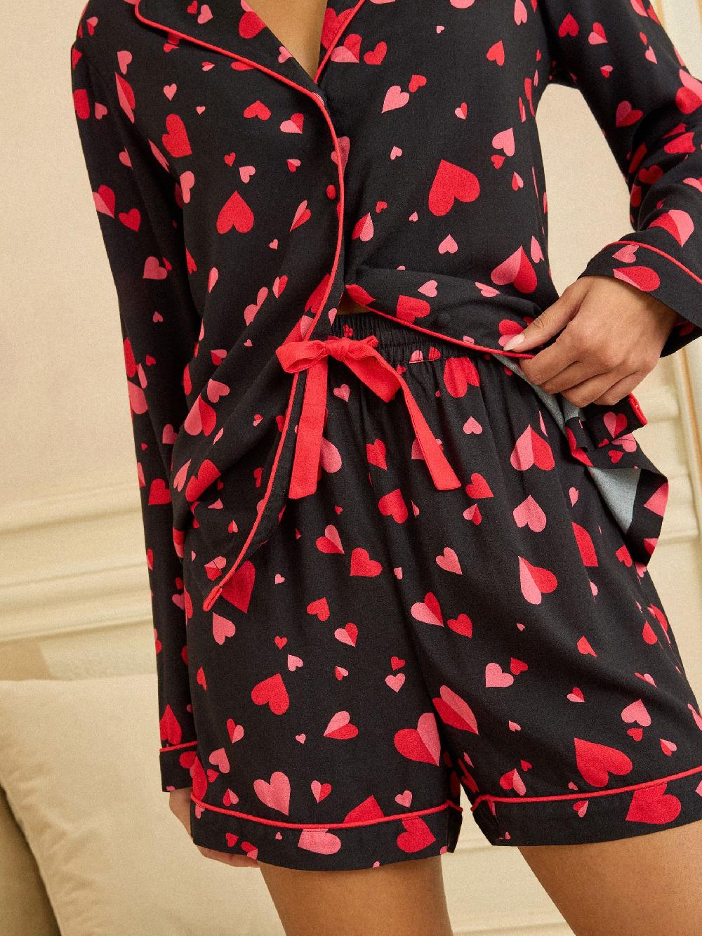 seraphine Love & Roses Black And Red Printed Hearts Button Down Long Sleeve Pyjamas Set