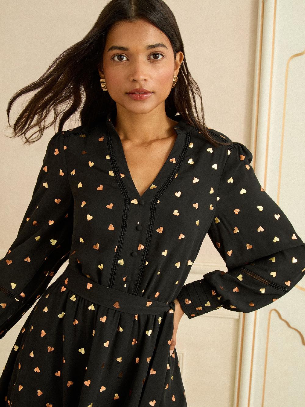 seraphine Love & Roses Black Heart Foil Notch Neck Mini Dress