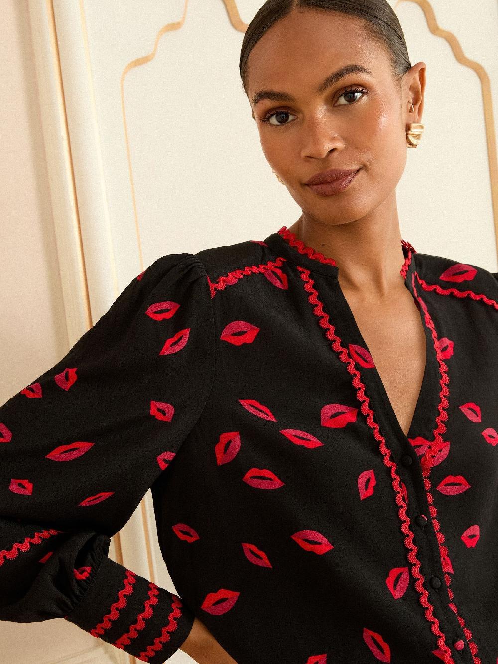 seraphine Love & Roses Black Lips Print Notch Neck Long Sleeve Blouse