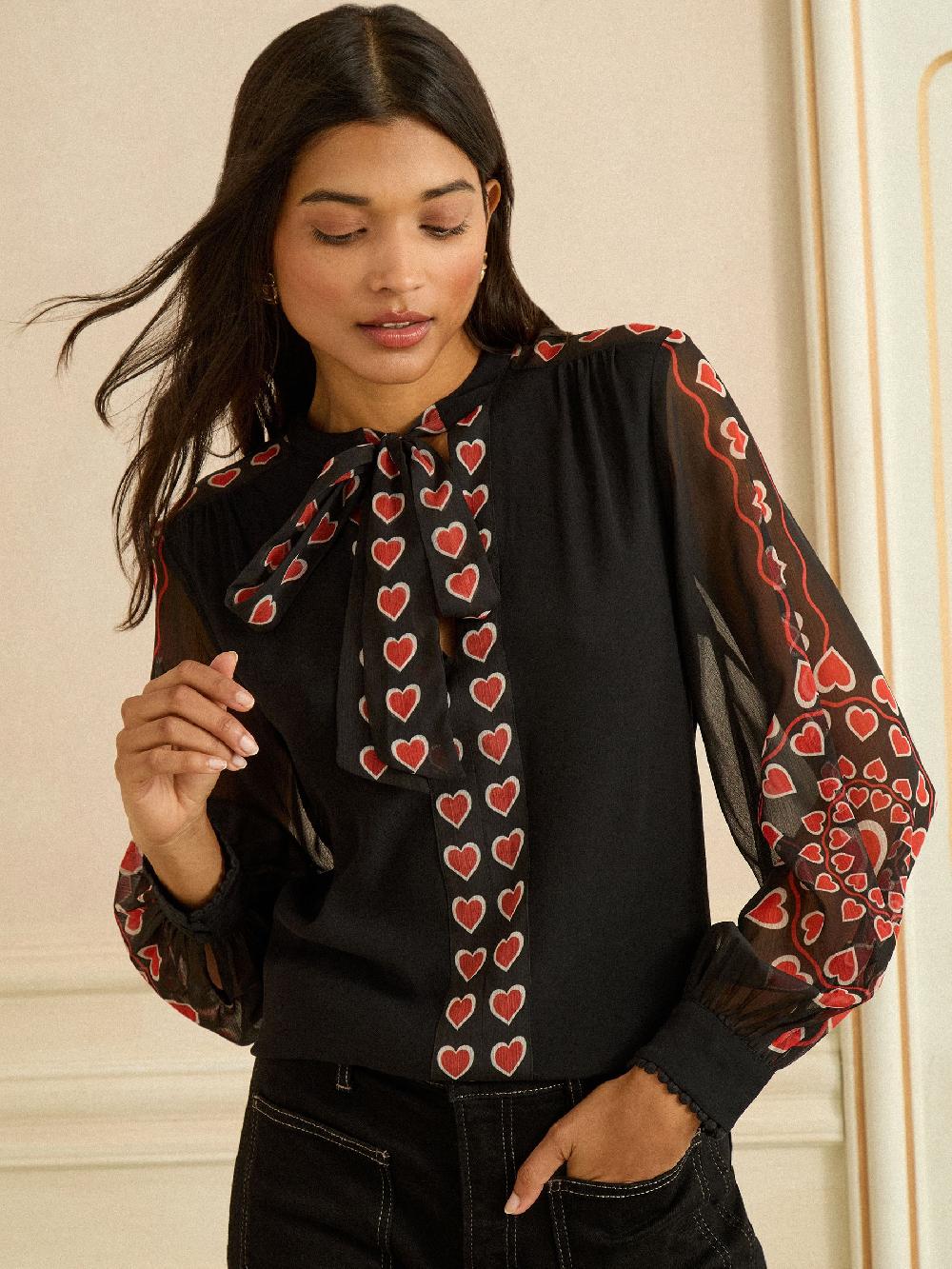 seraphine Love & Roses Black Red Heart Long Sleeve Pussybow Blouse