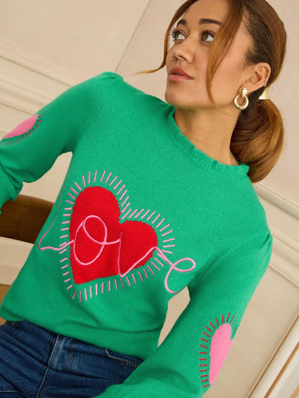 seraphine Love & Roses Bright Green 3/4 Sleeve Heart Detail Knitted Jumper
