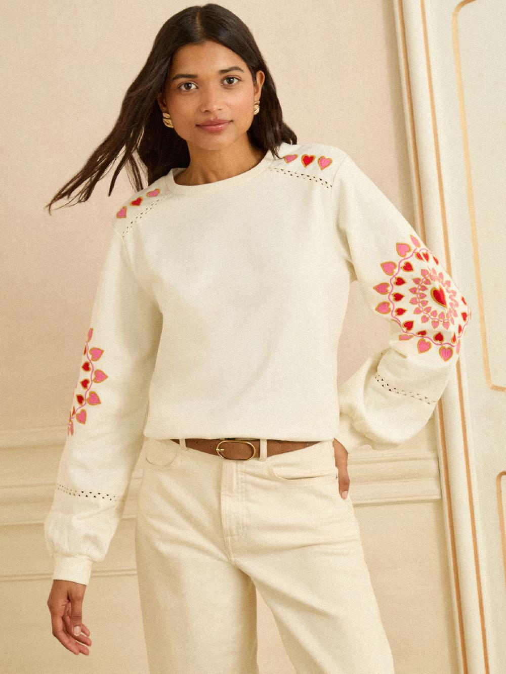 seraphine Love & Roses Cream Heart Ric Rac Embroidered Sweat Top
