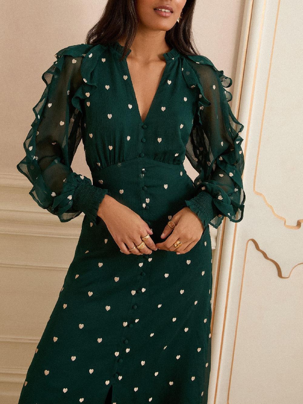 seraphine Love & Roses Green Heart Embroidered Ruffle Midi Dress