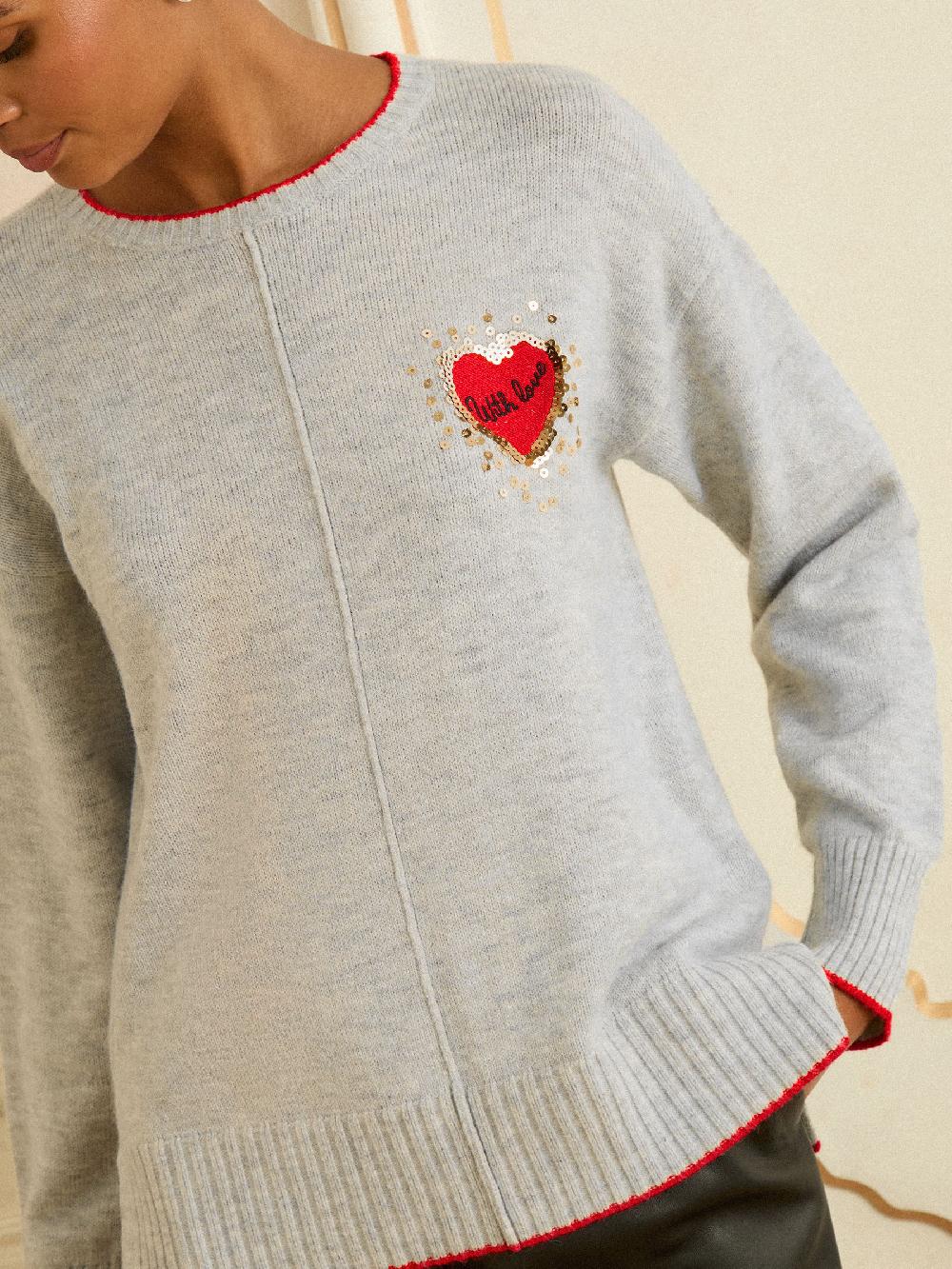 seraphine Love & Roses Grey Sequin Red Love Heart Cosy Knitted Jumper