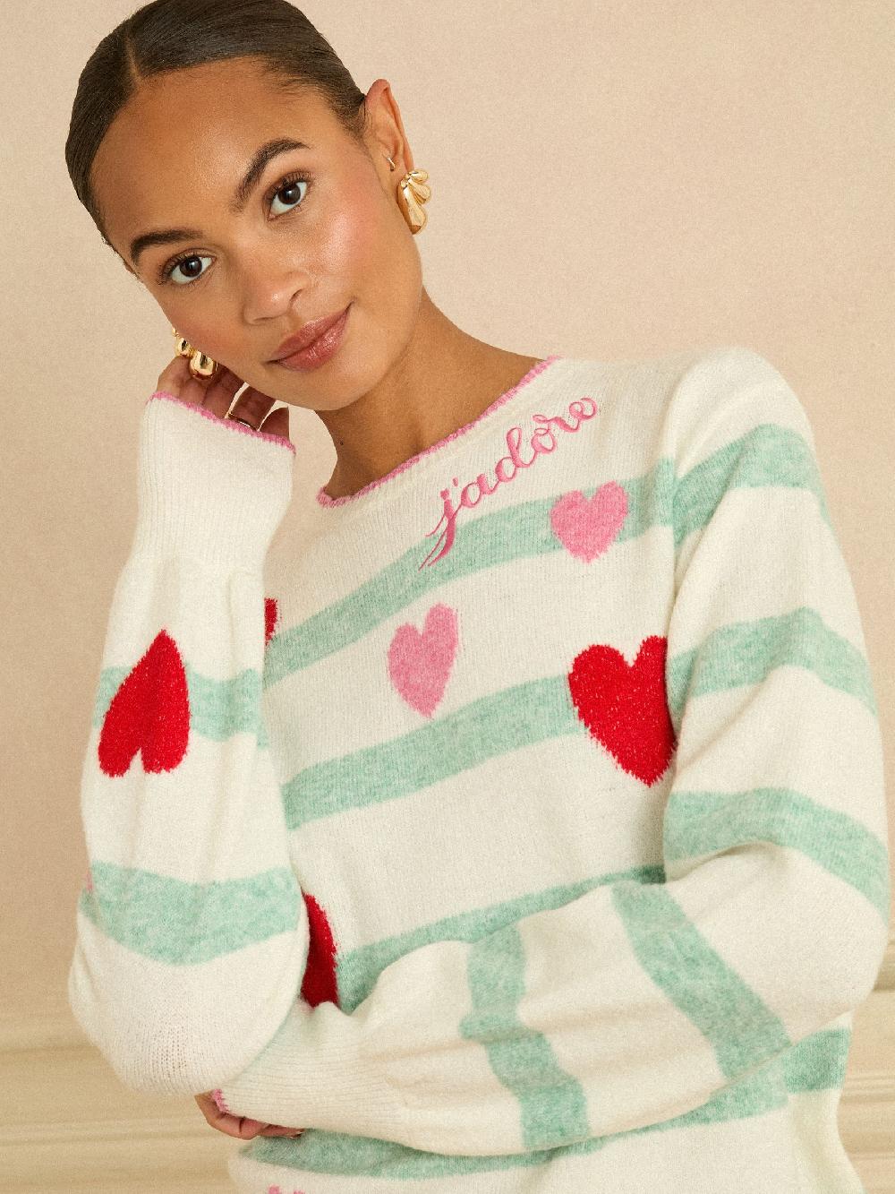 seraphine Love & Roses Mint Green And Ivory Striped Heart Detail Jumper