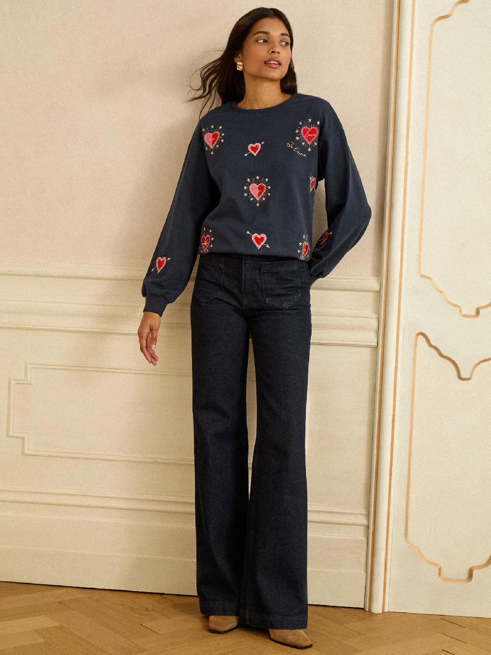 seraphine Love & Roses Navy Blue Heart Embroidery Crew Neck Jersey Sweatshirt
