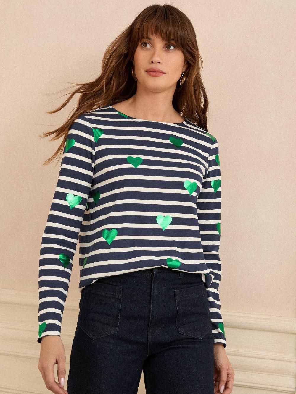 seraphine Love & Roses Navy Stripe Foiled Heart Long Sleeve Jersey Top