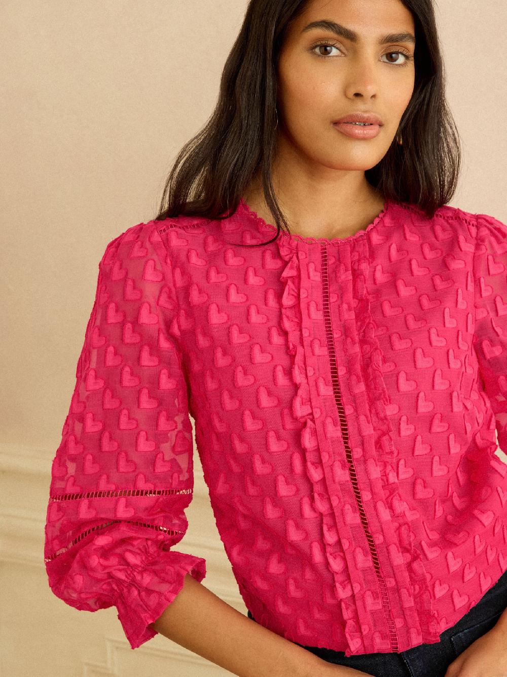 seraphine Love & Roses Pink 3D Heart 3/4 Sleeve Crew Neck Blouse