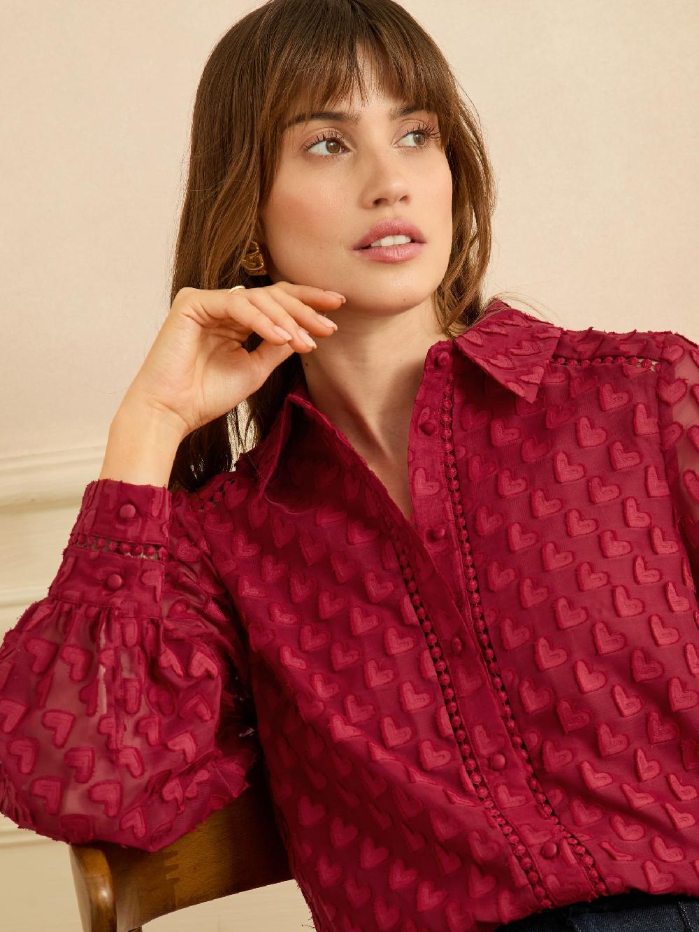 seraphine Love & Roses Red 3D Heart Long Sleeve Button Through Shirt