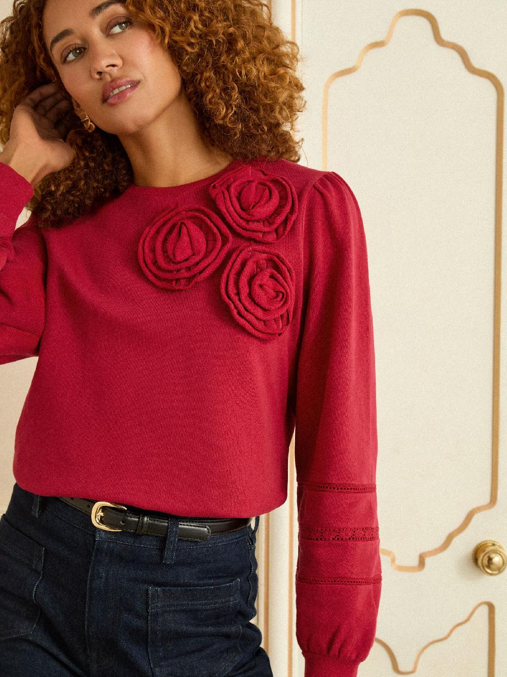 seraphine Love & Roses Red Corsage Detail Crew Neck Jersey Sweatshirt