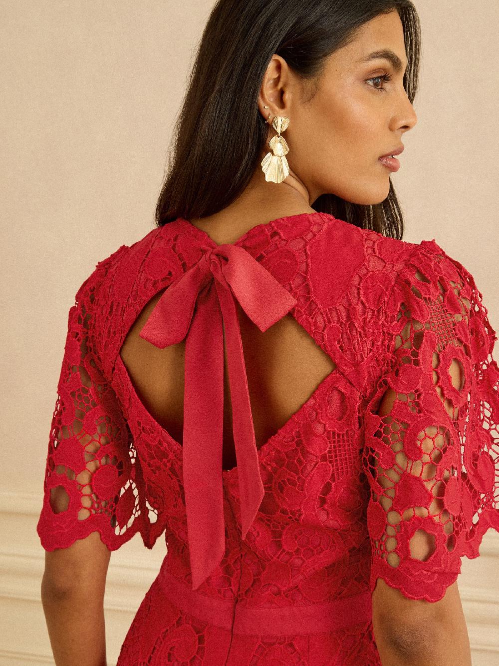 seraphine Love & Roses Red Lace Angel Sleeve Midi Dress