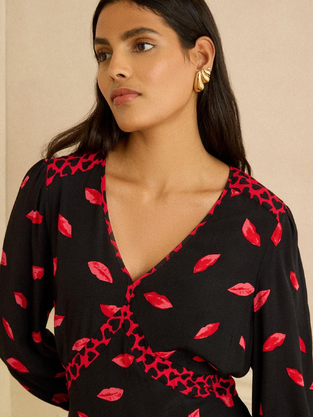 seraphine Love & Roses Red Lip Print V-Neck Ruffle Mini Tea Dress