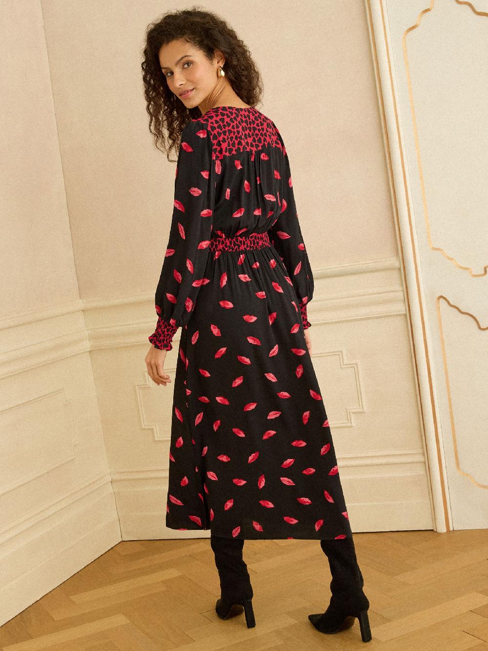 seraphine Love & Roses Red Lip Print V-Neck Shirred Cuff Midi Dress