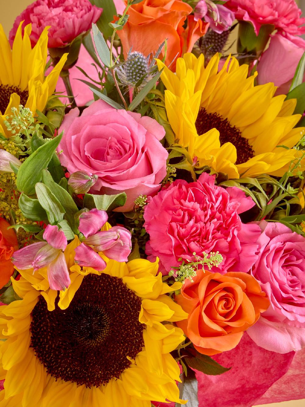 seraphine Lucy Tiffney Bright Sunflower Rose and Alstroemeria Fresh Flower Bouquet in Gift Bag