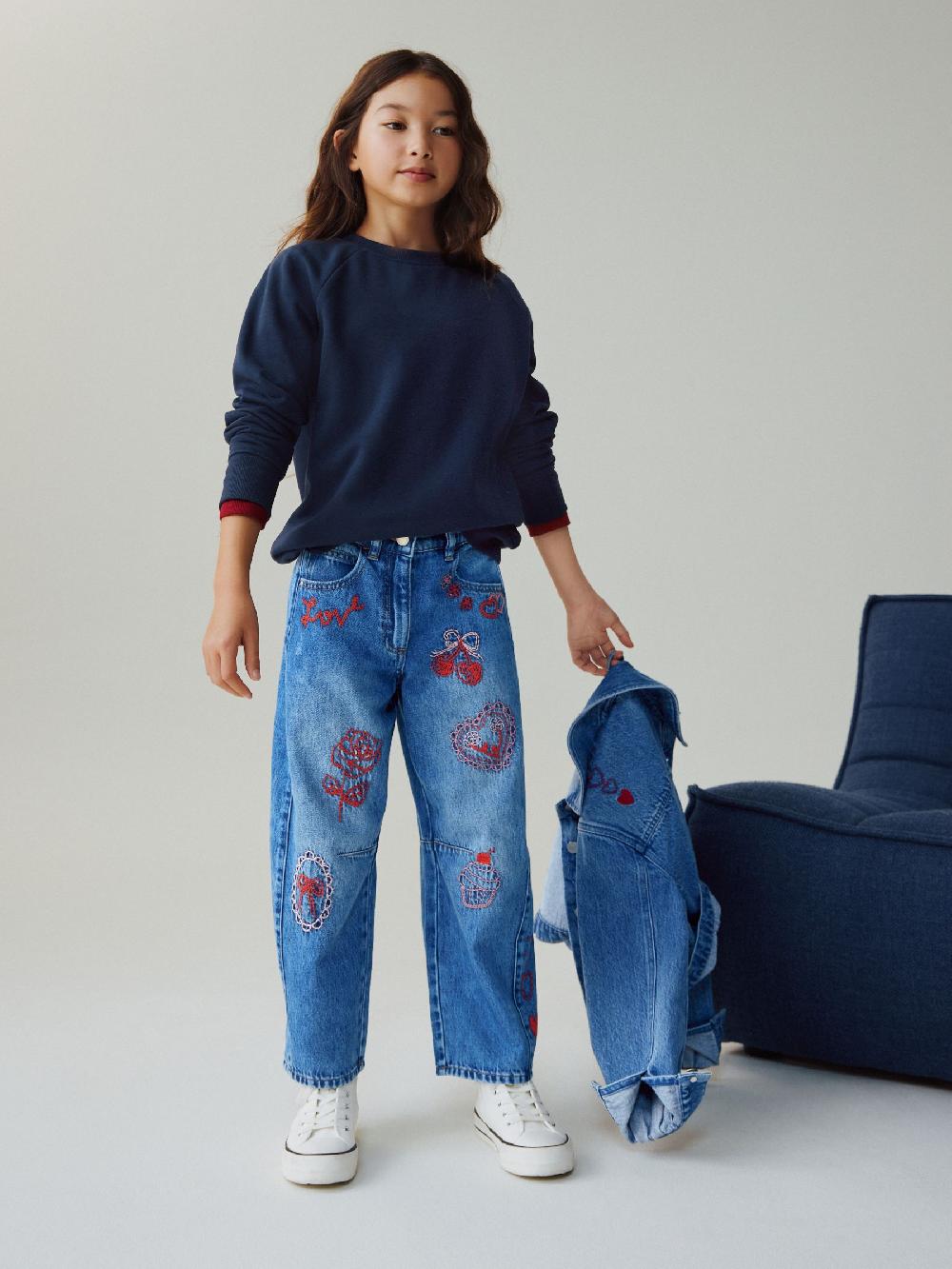 seraphine Mid Blue Embroidered Barrel Jeans (3-16yrs)