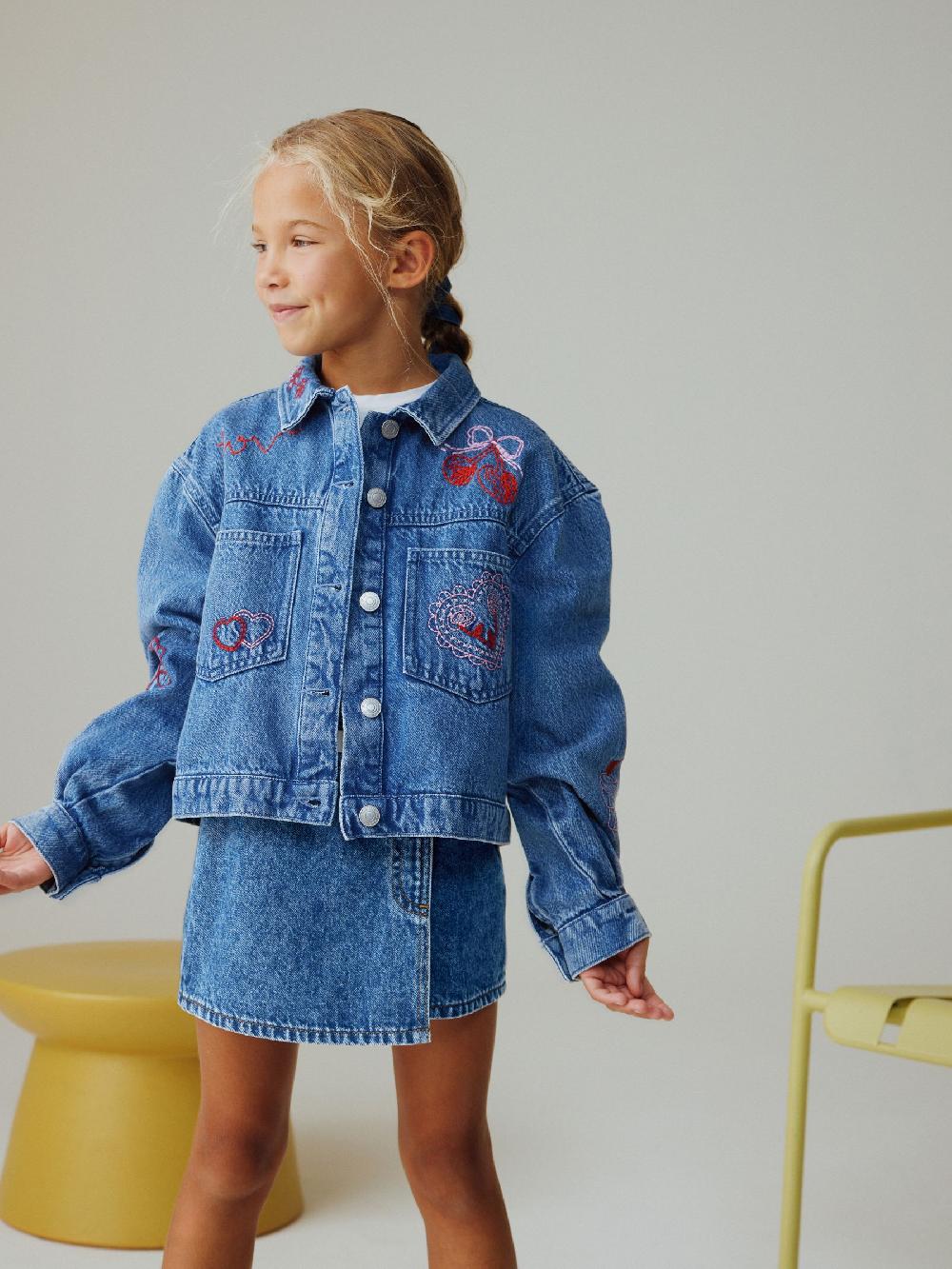 seraphine Mid Blue Heart Embroidered Denim Shacket (3-16yrs)
