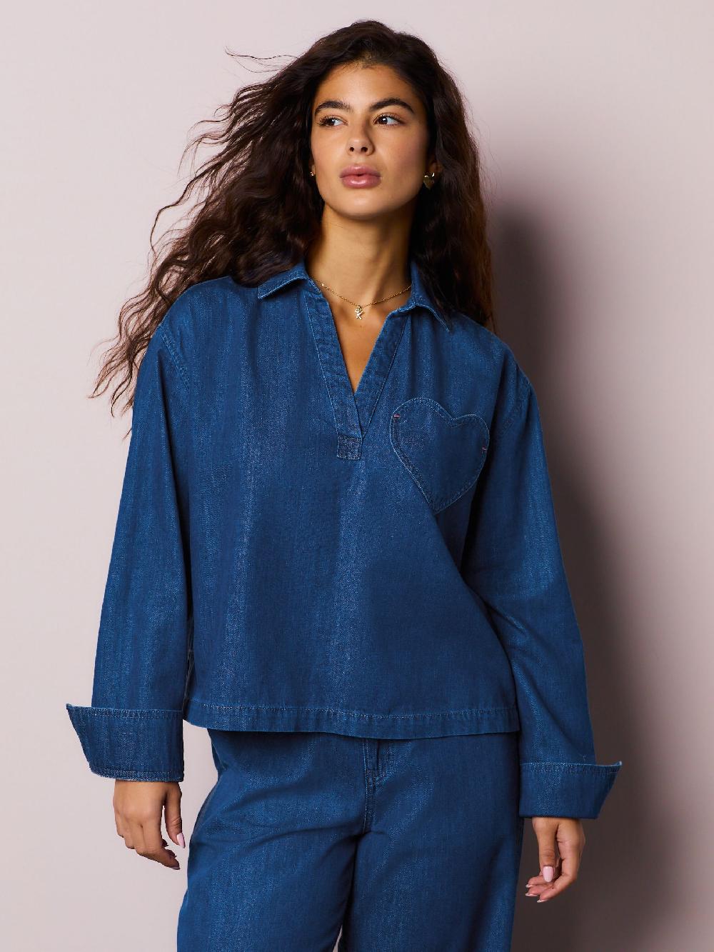 seraphine Mid Blue Heart Pocket Detail Overhead Denim Shirt
