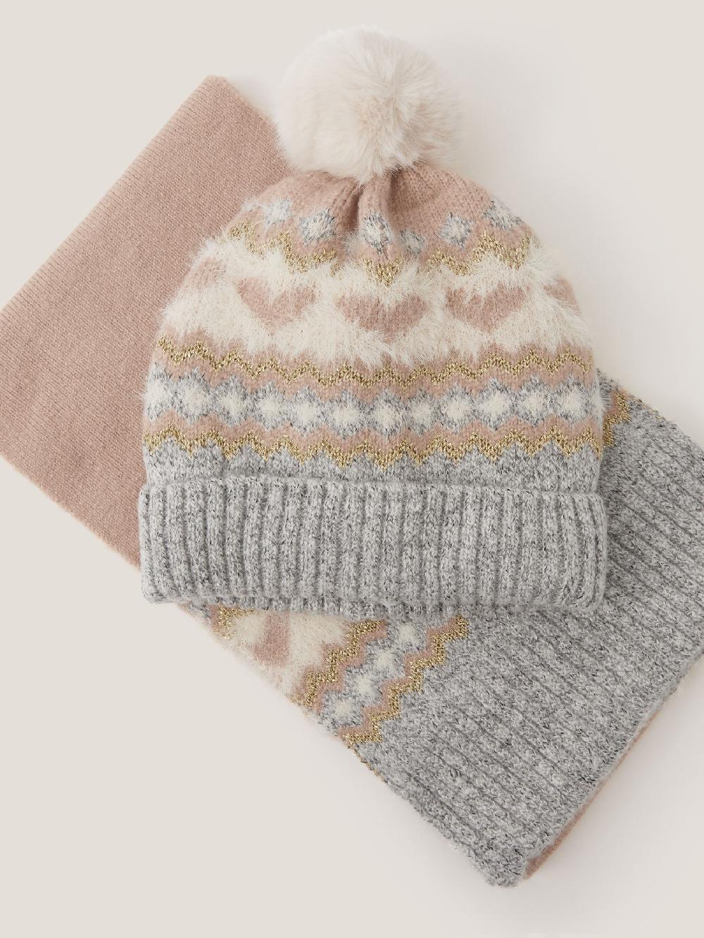seraphine Monsoon Grey Fair Isle Pattern Heart Bobble Hat & Scarf Set