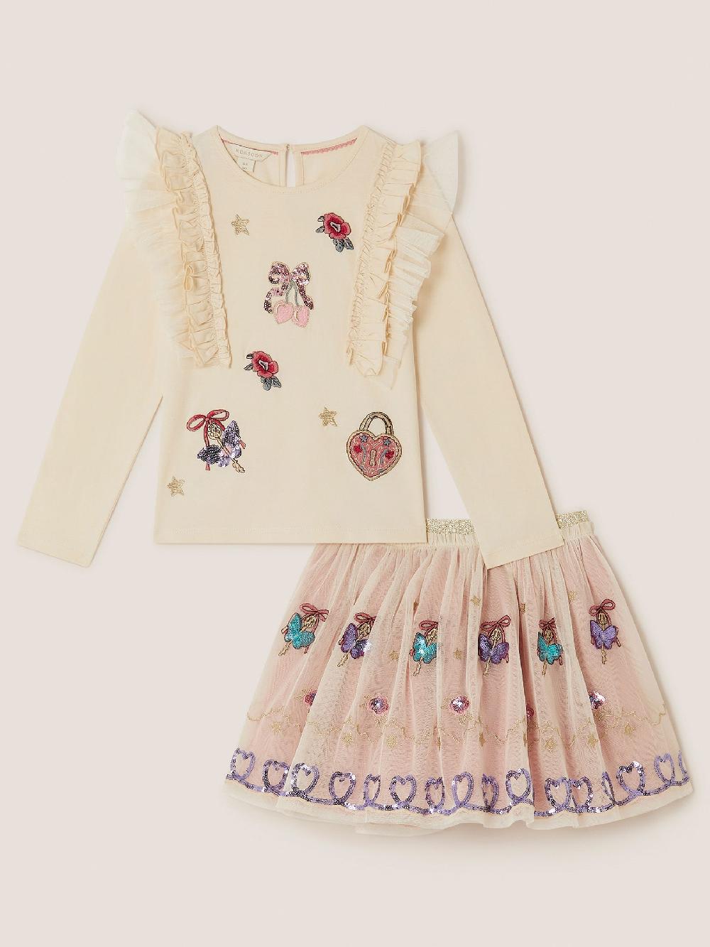 seraphine Monsoon Natural Ruffle Top & Embellished Skirt Set