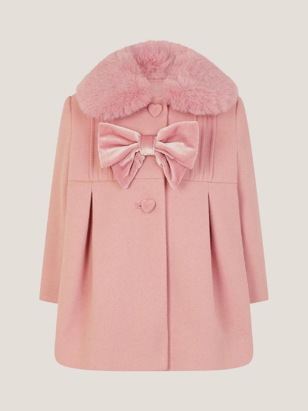seraphine Monsoon Pink Baby Faux Fur Collar Bow Coat