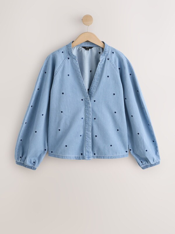 Seraphine Navy Blue Heart Heart Embroidered V-Neck Puff Sleeve Denim Blouse