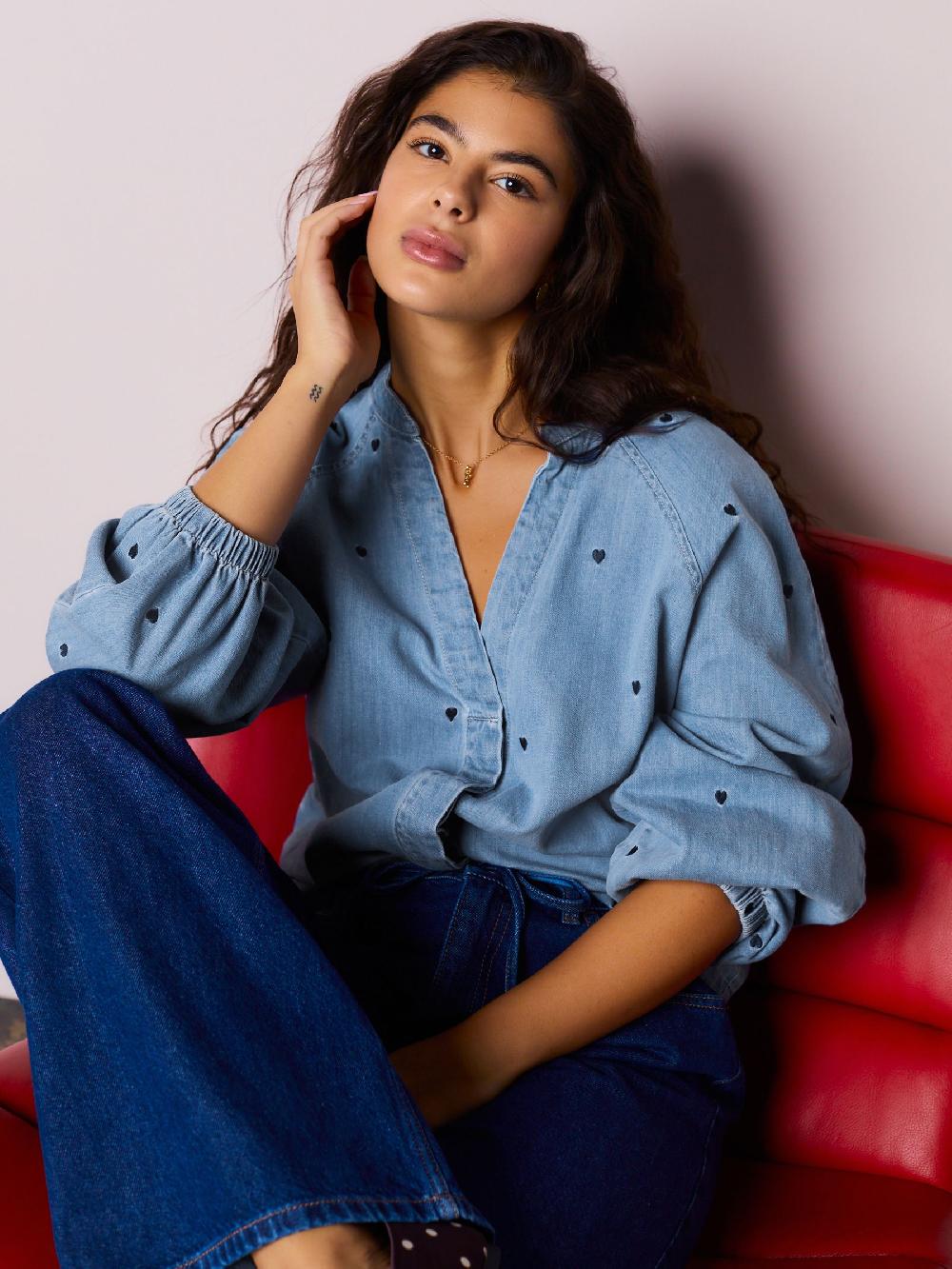 seraphine Navy Blue Heart Heart Embroidered V-Neck Puff Sleeve Denim Blouse