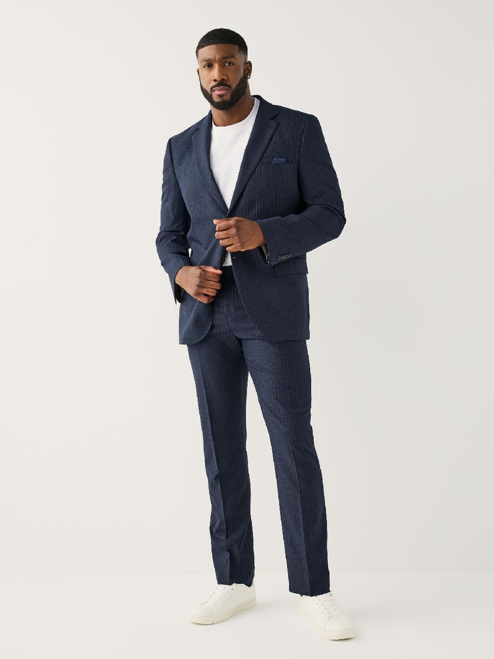 seraphine Navy Blue Muscle Fit Motionflex Stretch Stripe Suit Jacket
