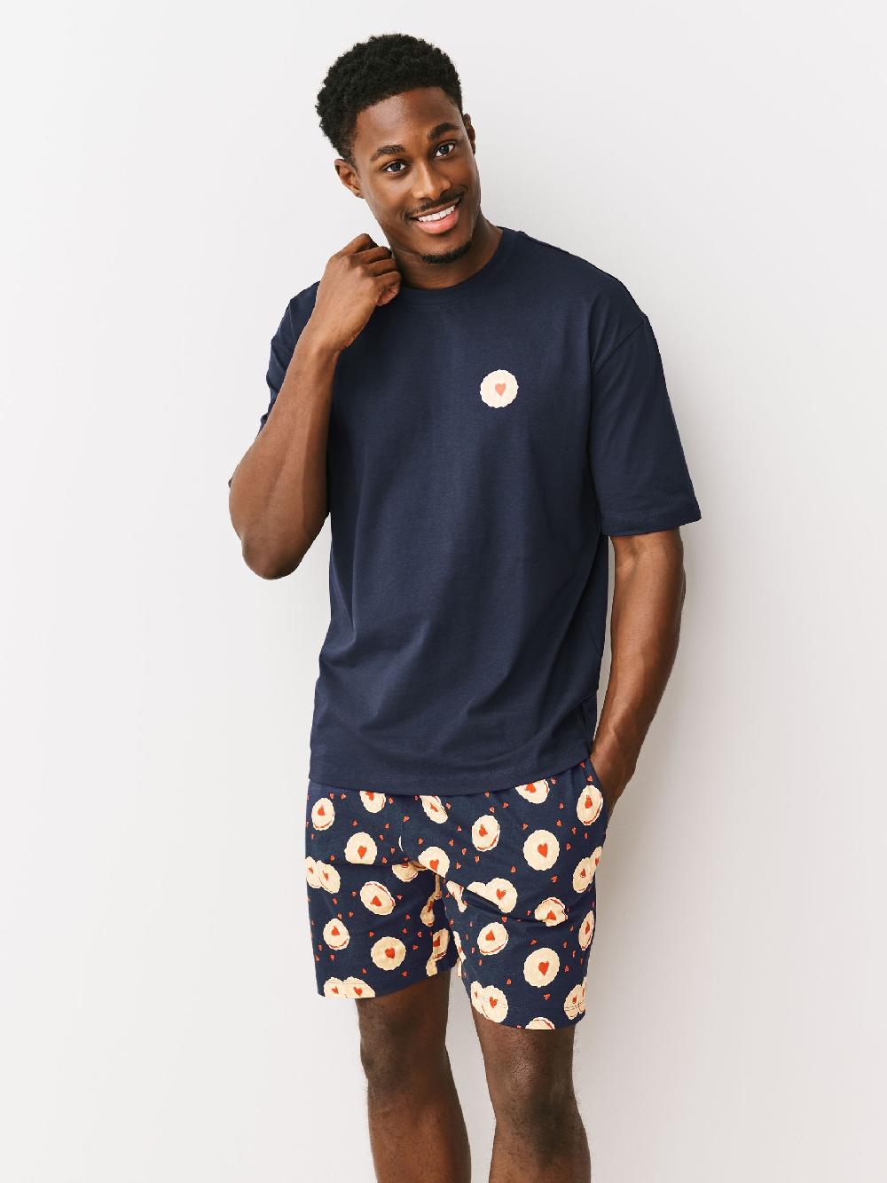 seraphine Navy Blue Printed Short Sleeve Heart Biscuit Jersey Pyjamas Set