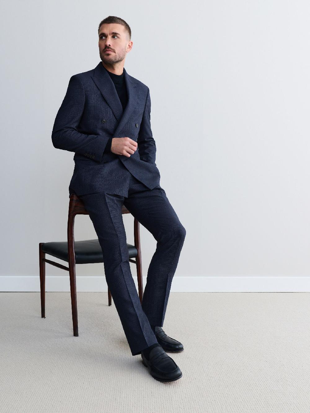 seraphine Navy Blue Signature Marzotto 100% Italian Wool Double Breasted Check Suit Jacket