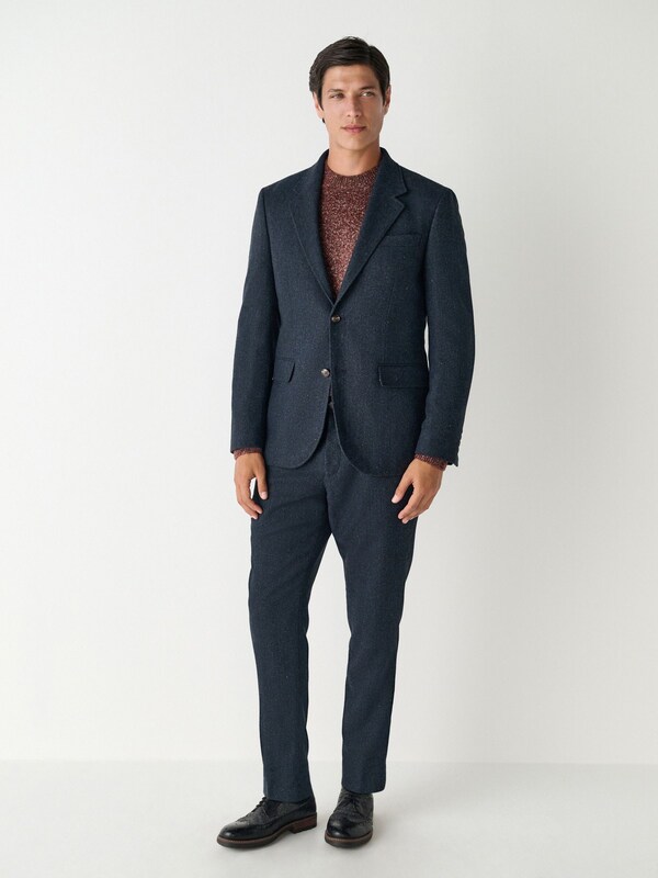 Seraphine Navy Blue Slim Fit Herringbone Wool Blend Suit Jacket
