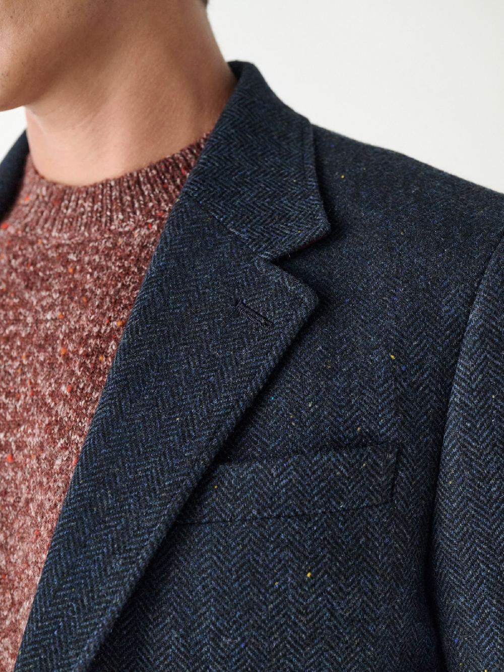 seraphine Navy Blue Slim Fit Herringbone Wool Blend Suit Jacket