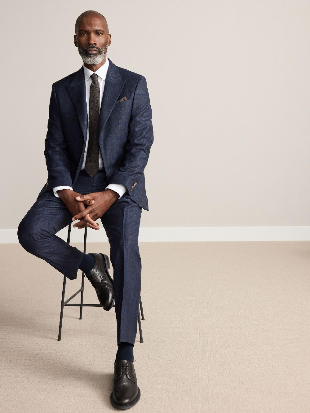 seraphine Navy Blue Slim Fit Signature Marzotto 100% Italian Wool Check Suit Jacket