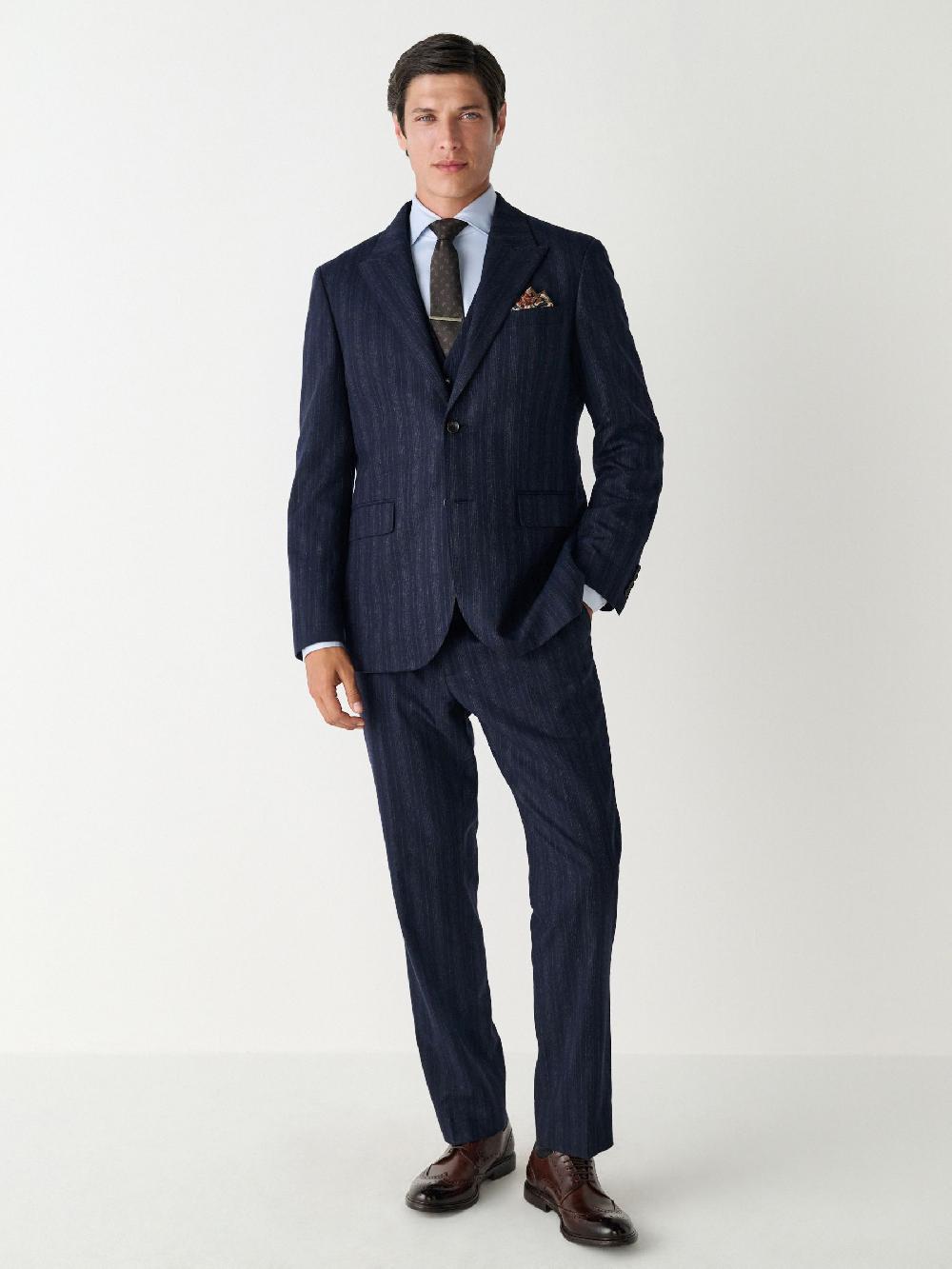 seraphine Navy Blue Tailored Fit Striped Wool Blend Suit Jacket