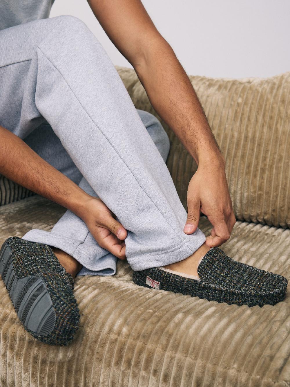 seraphine Navy Signature Harris Tweed Moccasin Slippers