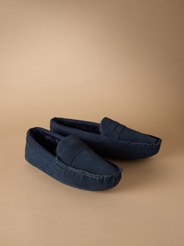 Seraphine Navy Signature Suede Fabric Trim Moccasin Slippers