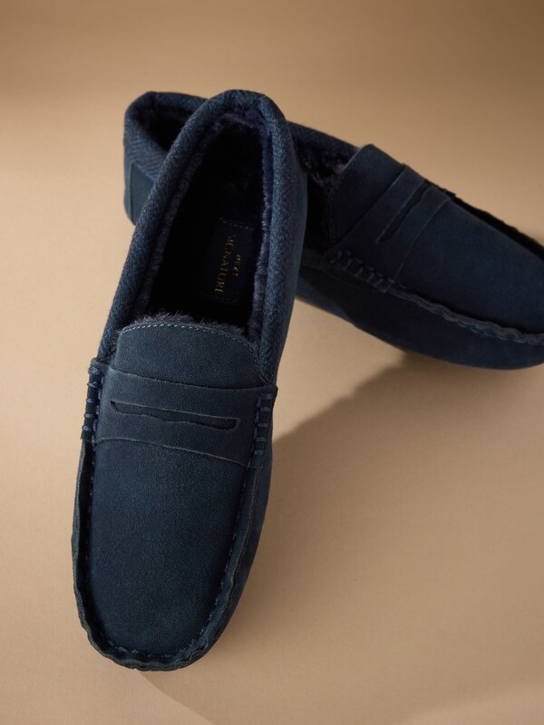 Seraphine Navy Signature Suede Fabric Trim Moccasin Slippers