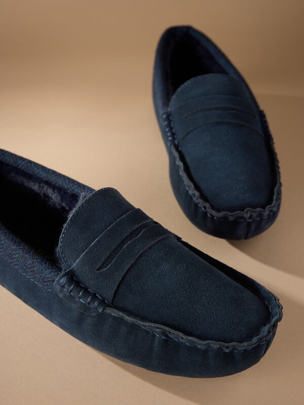 Seraphine Navy Signature Suede Fabric Trim Moccasin Slippers
