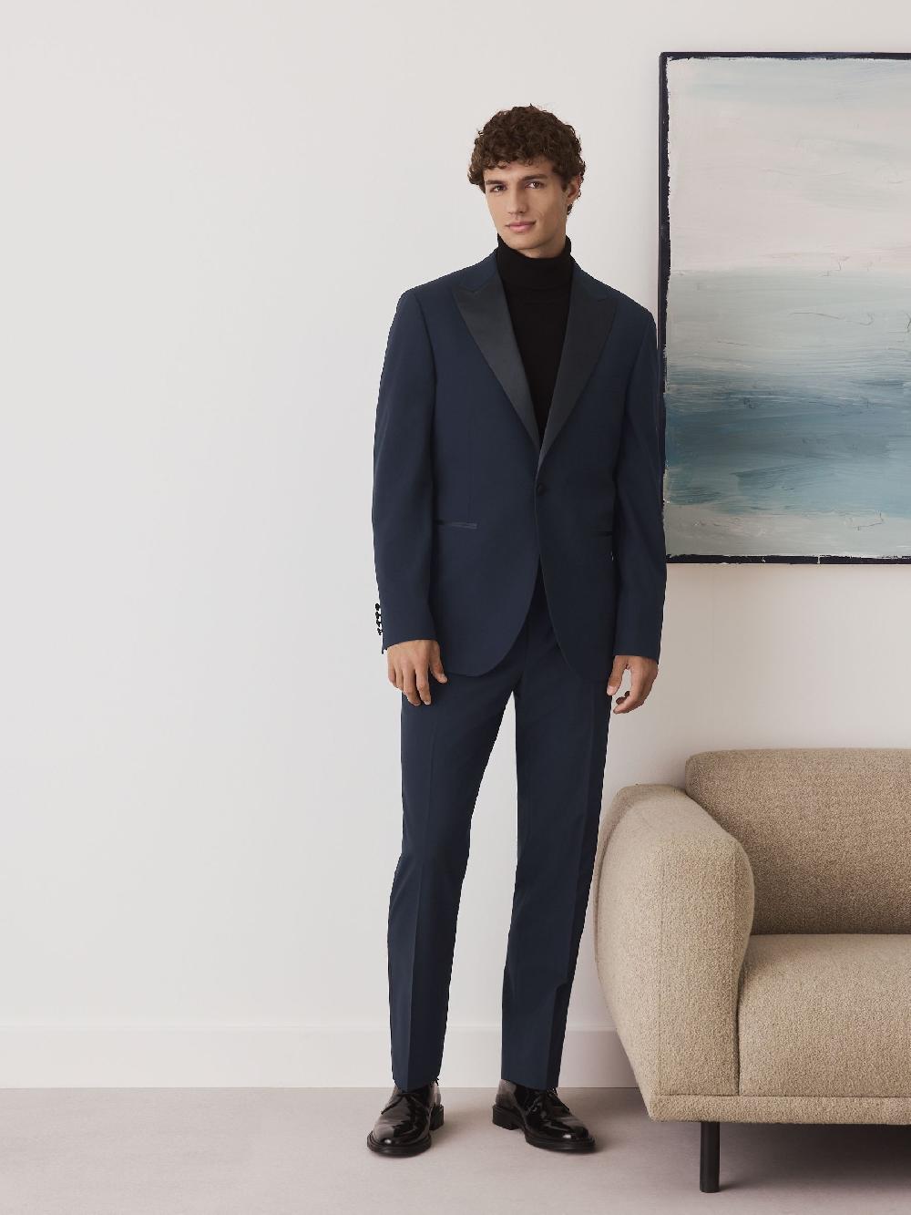 seraphine Navy Tailored Fit Wool Blend Motionflex Tuxedo Suit Jacket