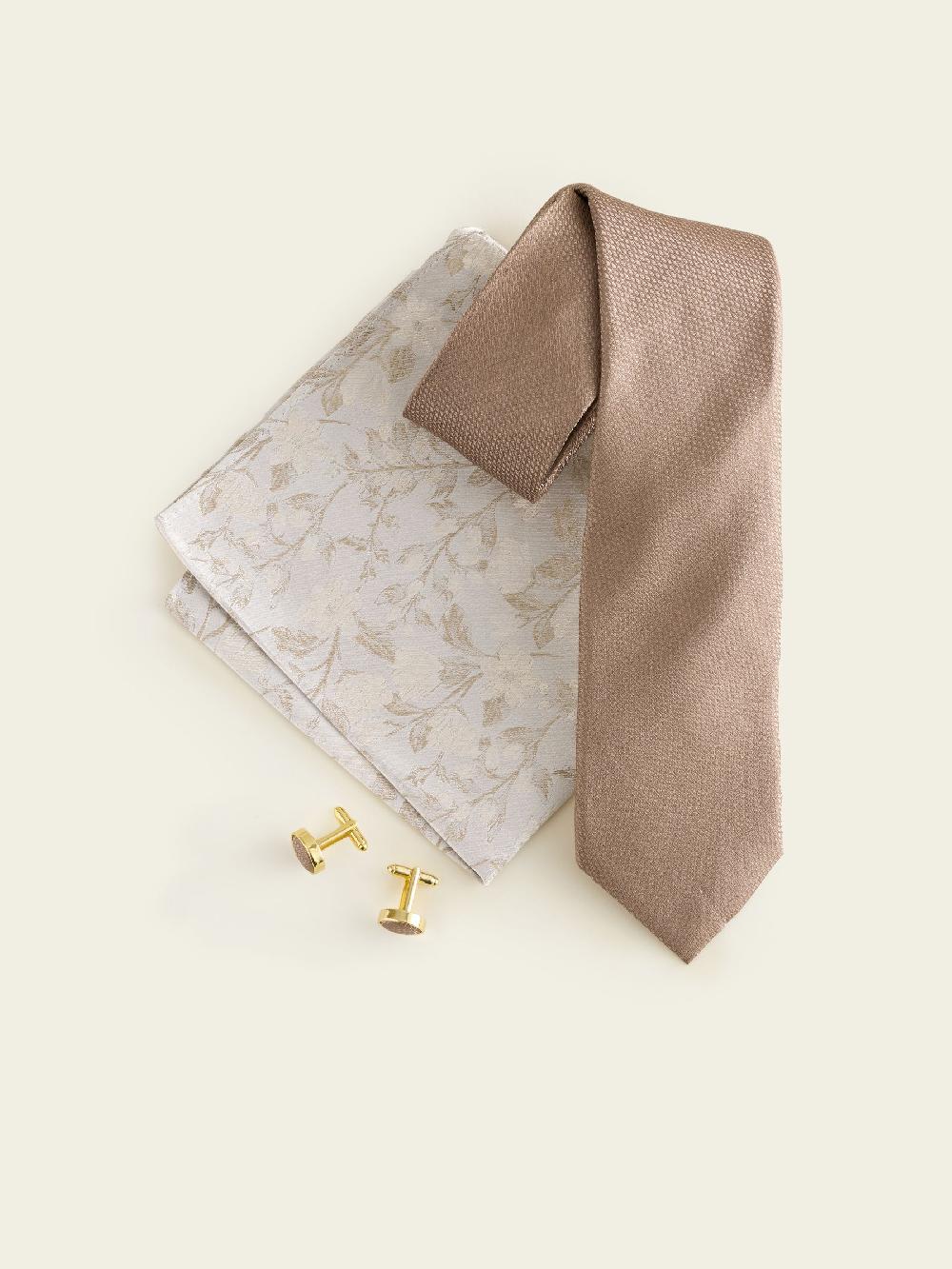 seraphine Neutral Silk Tie Pocket Square and Cufflink Gift Box