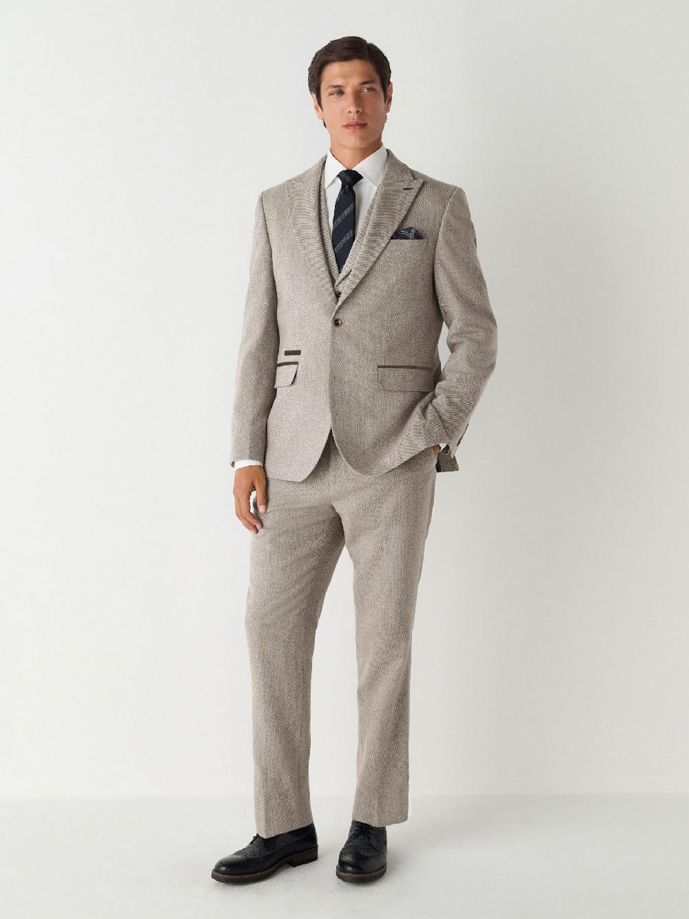 seraphine Neutral Slim Fit Nova Fides Italian Wool Blend Trimmed Textured Suit Jacket