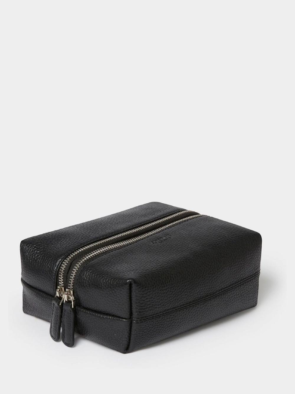 seraphine Osprey London Black The Double Zip Small Leather Washbag