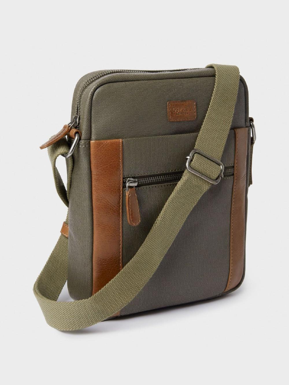 seraphine Osprey London Green The Small Grantham Waxed Canvas And Leather Messenger Bag