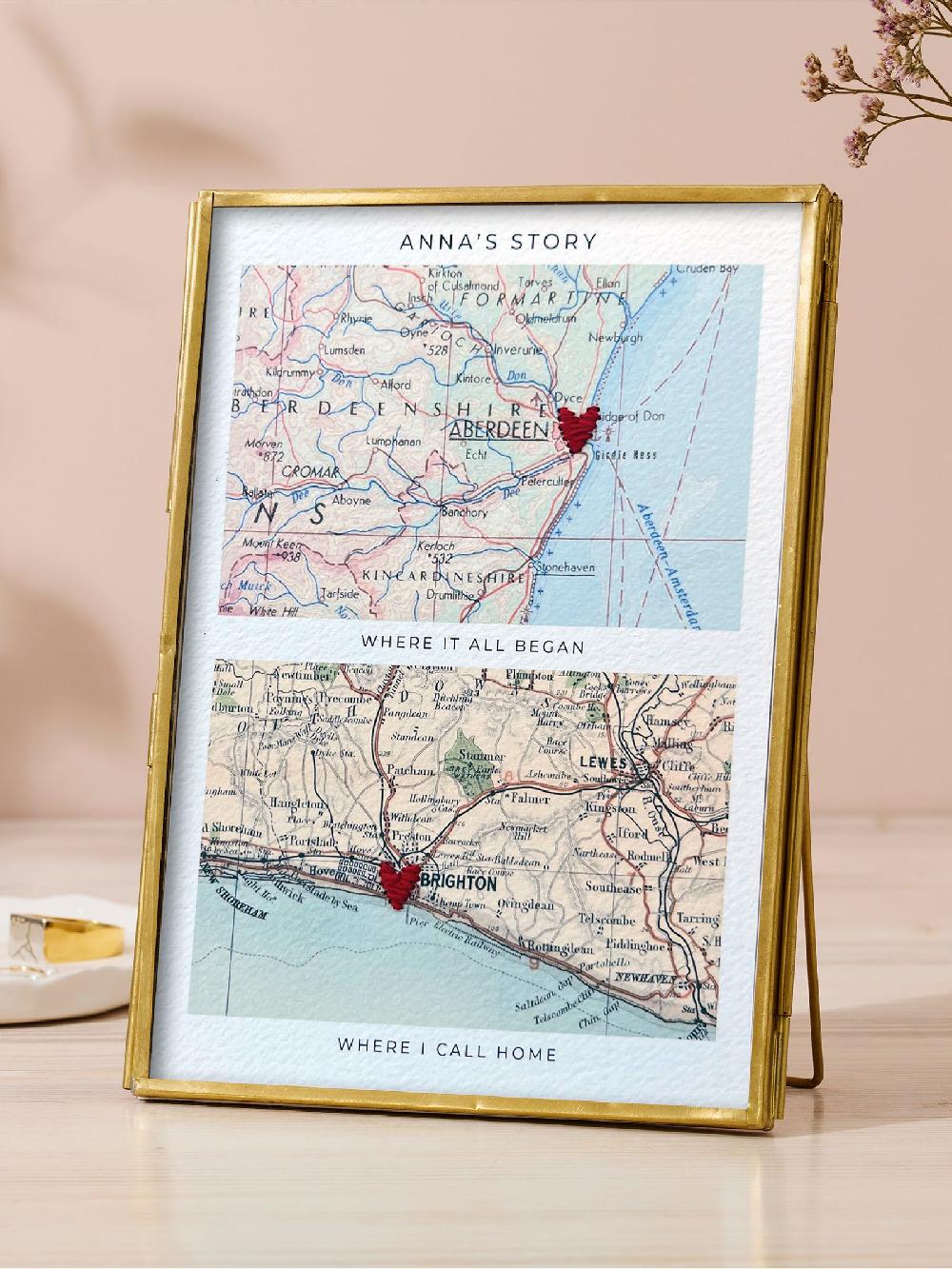 seraphine Personalised Map Picture With Two Hand Stitched Hearts by Posh Totty Designs