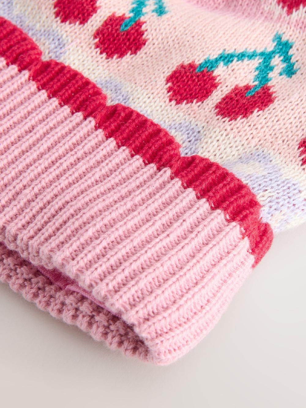 seraphine Pink Baby Cherry Fairisle Pattern Knitted Pom Hat (0mths-2yrs)