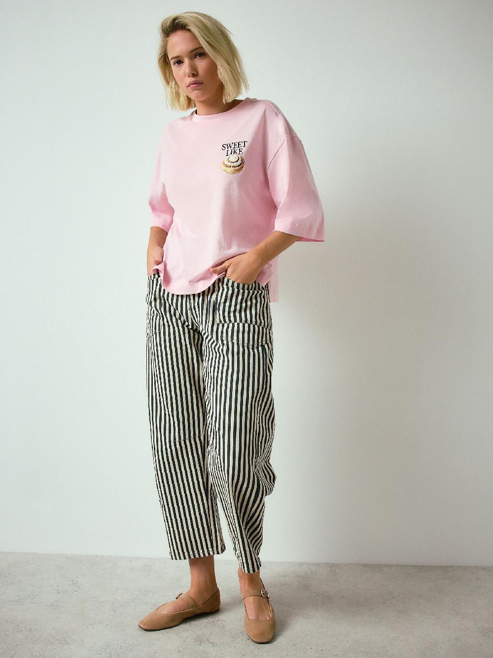 seraphine Pink Cinnamon Roll Graphic Relaxed Boxy Elbow Length Crew Neck T-Shirt